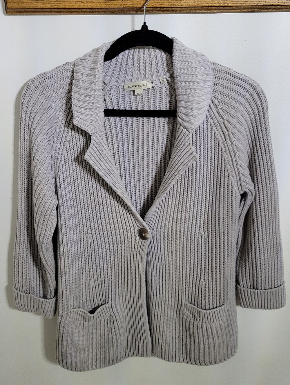 Repeat 100% Cotton Light Gray Ribbed Knit Cardigan Button Sweater, Size 38 / S